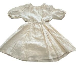 Zara Girls Size 7 100% Linen Side Cutout Dress Cream Lined Puff‎ Sleeve
